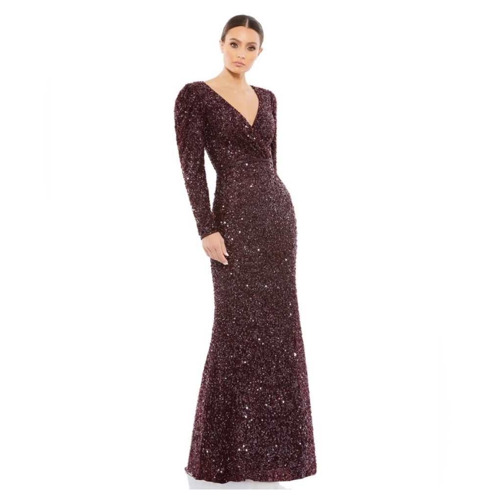 MAC DUGGAL 5510 SEQUINED SURPLICE MOHAGANY GOWN sz 10